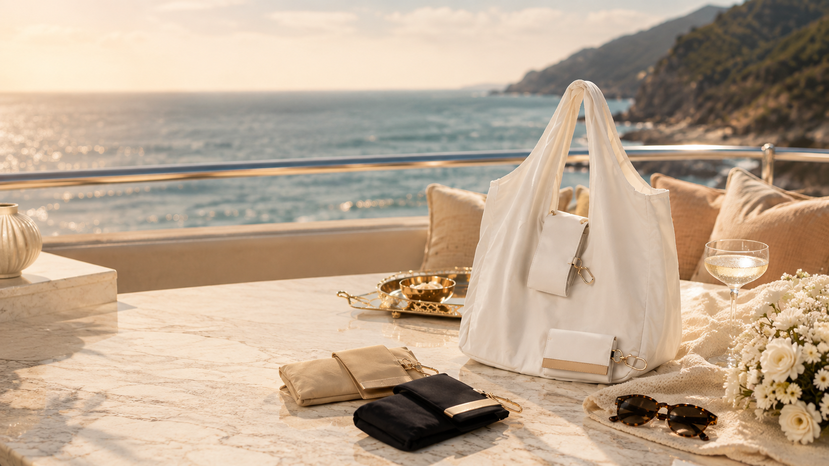 KeyTote blanco sobre terraza de mármol frente al mar